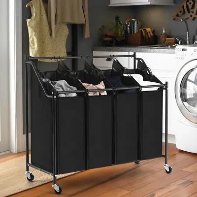 Mondeer 4-Bag Laundry Basket On Wheels Sorter Cart Rolling Clothes Bin Trolley • £27.99