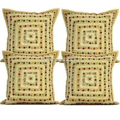 Cotton Scatter Cushion Covers Ethnic Embroidered Lace Mirrored Set Of 4 Pillow • £30.52