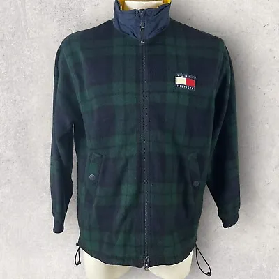 Vintage Tommy Hilfiger Jacket 90s Plaid Logo Spellout Flag BlackWatch Fleece R1 • $39.95