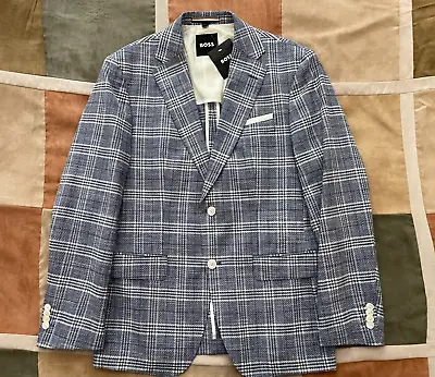 Hugo Boss Blue White Windowpane Plaid Check Hutson Slim Fit Sport Coat 40 S NEW • $119.91