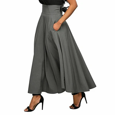 $0.99 • Buy Vintage Women Stretch High Waist Plain Skater Flared Pleated Long Skirt Dress
