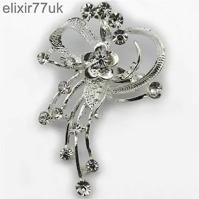 New 2.2  Silver Flower Brooch Diamante Rhinestone Crystal Bridal Party Broach Uk • £4.55