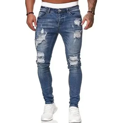 Mens Ripped Skinny Jeans Stretch Distressed Denim Pants Casual Slim Fit Trousers • $27.99