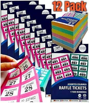 12 Books Of 1-1000 Cloakroom Raffle Tombola Draw Tickets Numbered Mixed Colours • £18.99