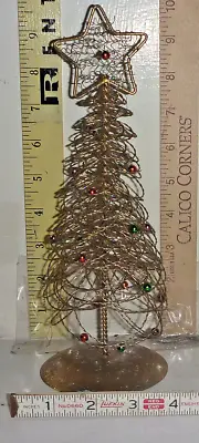 Vtg XMAS Tree Gold Tone Metal Wire Beaded Table Top Figurine ~10  • $9