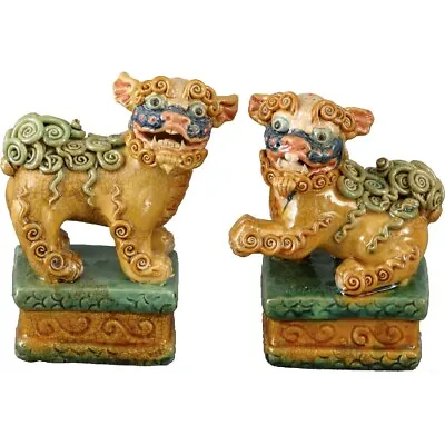 Vintage Chinese Majolica Ceramic Pair Of Foo Dogs Figurines-5''h • $125