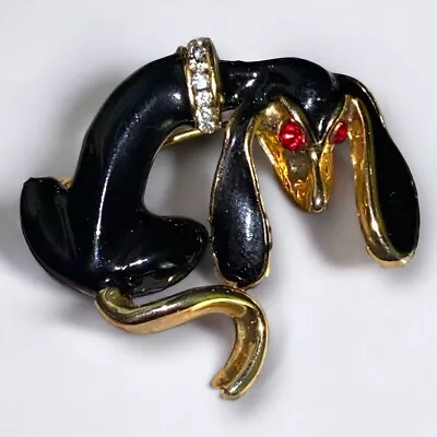 Vintage Black Enamel Red Rhinestone Dachshund Dog Gold Tone Brooch • £24.09