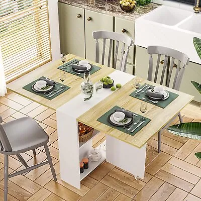 $125.97 • Buy Folding Dinner Table With 6 Casters Drop Leaf Dining Table With Storage Shelves