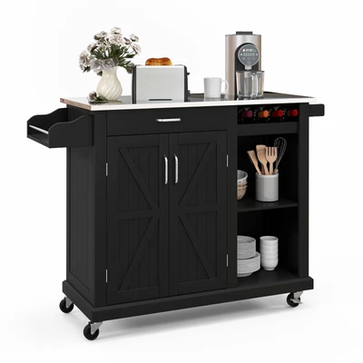 $179.98 • Buy Kitchen Island Cart Rolling Utility Trolley Stainless Steel Top Wine Rack Black