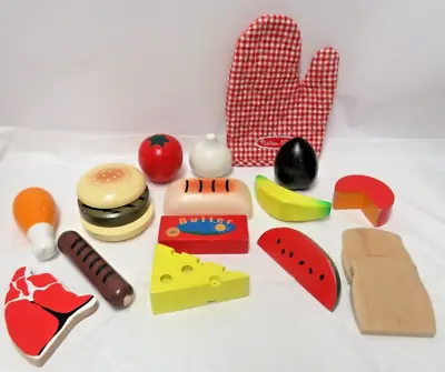 Lot Of 18  Melissa & Doug Oven Mitt Vintage Wooden Food Set Fruit Veggies Meat + • $11.95