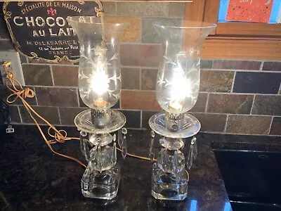 Pair Antique  Crystal  & Glass Electric  Table Lamps With Prisms  & Cut Shades • $175.99