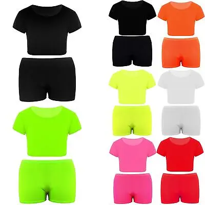 Kids Girls Neon Cycling Shorts Dance Beach Short Sleeve Crop Top & Hot Pants Set • £6.99