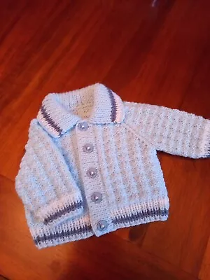 Hand Knitted Baby Cardigan BLUE MIX 0-3months  NEW • £4.50