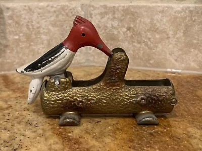 Vintage Woodpecker Bird Wood Log Toothpick Holder Dispenser Metal • $27.95