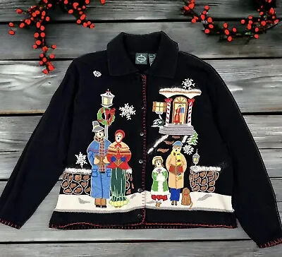 VTG Womens XL Christmas Sweater Cardigan Button Up Carolers Beaded Embroidered • $39.99