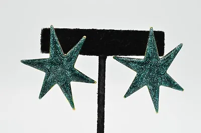 Vintage Star Earrings Glitter Shimmer Teal Enamel Gold Bold Shiny 1980s BnS • $13.56