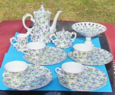 21pc Lefton Violet Chintz Coffee Pot Compote Snack Set Sheffield Gadroon Spoons • $175