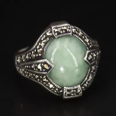 Sterling Silver - DESIGNER Jade & Marcasite Pave Cocktail Ring Size 7 - 9g • $11.50