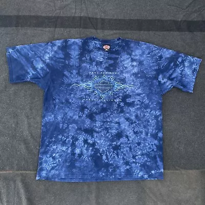 Vintage 90s Harley Davidson Blue Tie Dye Barnett Las Cruces NM Flame Tee 2XL XXL • $45