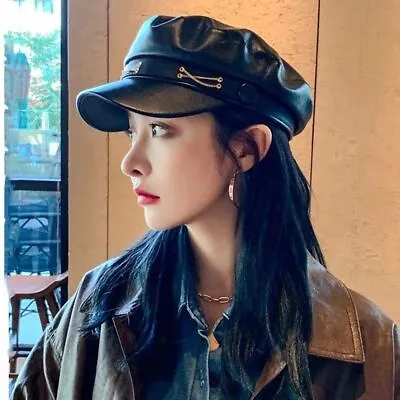 PU Leather Military Caps Autumn Sailor Hats Women Berets FlatTop Captain Cap • $14.34