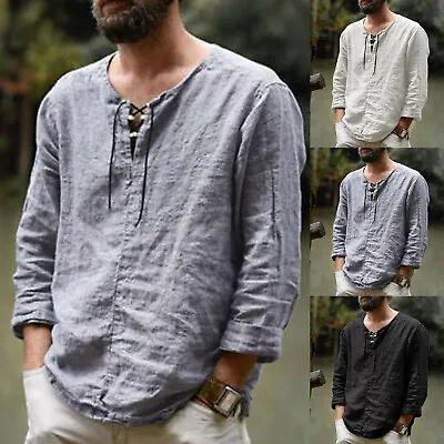 Mens Long Sleeve Casual Cotton Linen Shirts Summer Solid Beach Yoga T Shirt • $10.74