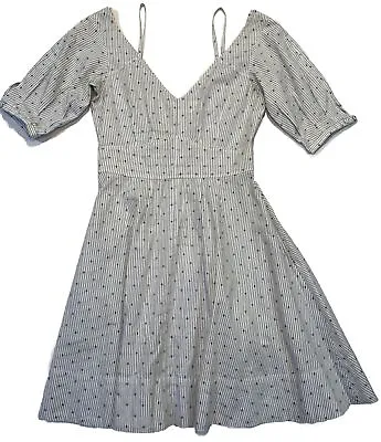 DEREK LAM 10 CROSBY Dress White Blue Striped Embroidered Pin Dots￼ V Neck Size 2 • $81.89