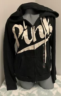 Victorias Secret Pink Sz Large Perfect Zip Hoodie Black Pearl Script Logo • $36.50