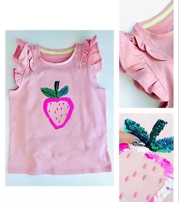 £4.99 • Buy Girls M*S Frilly Sleeve T-Shirt Top Flip Sequin Pink Strawberry Summer Vest NEW
