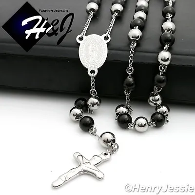 26+5 MEN's Stainless Steel 6mm Silver/Black Plated Beads Cross Rosary Necklace • $18.99