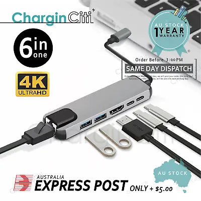 $26.89 • Buy 6 In 1 USB Type-C Hub Multi USB 3.0 4K HDMI RJ45 Ethernet Adapter For Laptop 