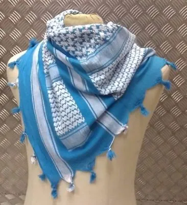 100% Cotton Shemagh / Arab Scarf / Pashmina / Wrap / Sarong. White & Blue - NEW • £9.99