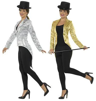 £29.99 • Buy Ladies Sequin Tailcoat Jacket Gold Silver Or Red Ringmaster Fancy Dress Costume 