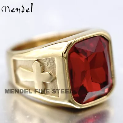 MENDEL Mens Religious Gold Plated Christian Cross Red CZ Stone Ring Size 7 8-15 • $12.99