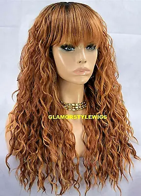 Full Wig Long Curly Bangs Ombre Brown Auburn Blonde Mix Heat Ok Nwt • $59.95