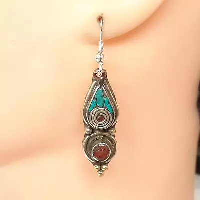 Vintage 6.50ctw Turquoise & Carnelian Silver Dangle Earrings • $18.74