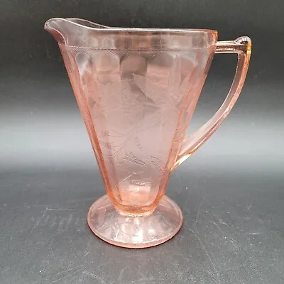 Vintage Floral Poinsettia Pink Depression Glass Footed Pitcher By Jeannette • $23.74