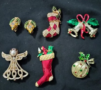 6 Vtg Christmas Pins Brooch Stocking Bells Angel Ornament Gold Tone Rhinestone • $49.99