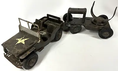 Jeep Willys WW2 WWII Vintage MARX Toys Pressed Steel Metal Truck & Trailer • $94.99