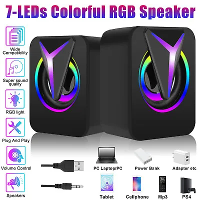 3.5mm RGB LED Mini USB Wired Computer Speakers Stereo Bass For PC Laptop Desktop • $13.48