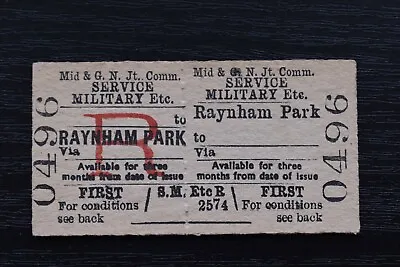 M&GN Jt Railway Ticket RAYNHAM PARK To ......... No 0496 SERVICE MILITARY • $3.79