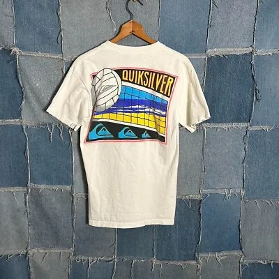 Vintage 90s Quiksilver Surf Volleyball Shirt Flaws White Beach California Size M • $25