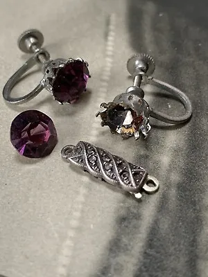 Silver Marcasite Clasp + Paste Purple Silver Earrings Both At Fault Need Repair • £2.50