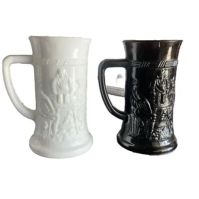 Lot Of 2 Vintage Federal Black & White Milk Glass Beer Mugs Indian Black Glass • $16.90