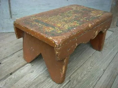 Antique Folk Art Primitive Mortised Wood Painted Cricket Bench Stool AAFA  • $175