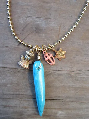 Vintage Charm Necklace Gold Ball Chain Blue Spike Angel Cross Star Of David • $28