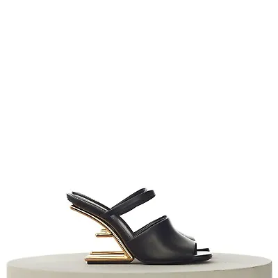 FENDI FIRST 1390$ Black Leather High Heel Sandal F-Shaped Gold Metal Heel • $792