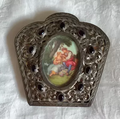 VTG  Hand Painted Signed 800 Silver Compact-Miniature Lovers Scene-Garnets-Italy • $199