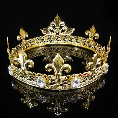 Men's Imperial Medieval Fleur De Lis Gold King Metal Crown 7.5cm Tall 56.5cm Cir • $26.49