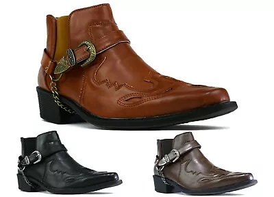 Mens Mid Cuban Heel Ankle Side Buckle Comfy Chain Outdoor Boots Uk Sizes 6-12 • £26.99