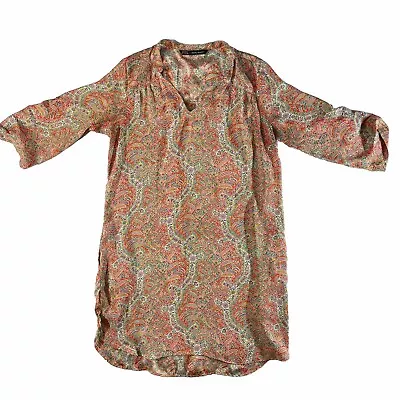 Zara Basic Mini Dress Size M Paisley Floral Tunic V-Neck Blouse Boho 3/4 Sleeves • $17.48